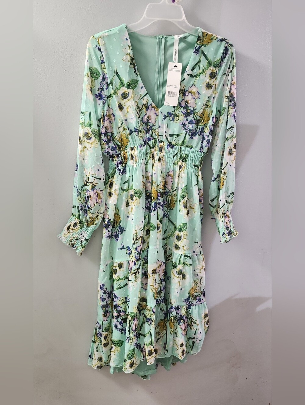 NY Collection Mint Green Floral V-Neck Smocked Waist Midi Dress | NWT | Small